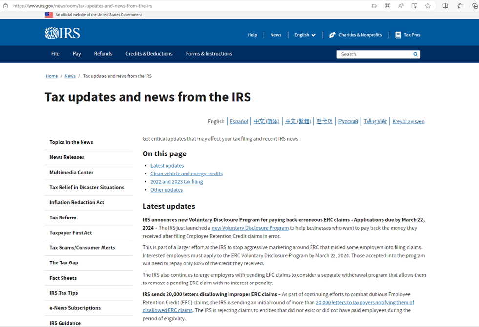 IRS Tax Updates